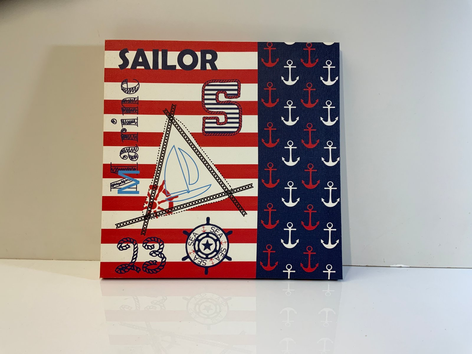 Cuadro Nautico Decorativo Rojo, Blanco Y Azul Anclas Y Timon
