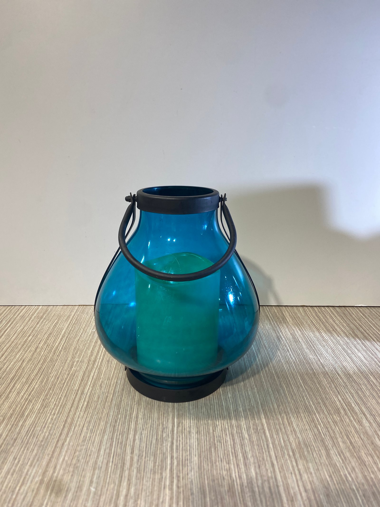 Jarron Vidrio Azul Con Vela Eléctrica