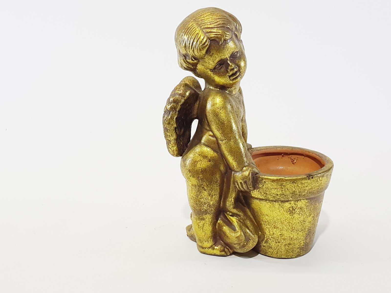 Angel Metalico Dorado Con Recipiente