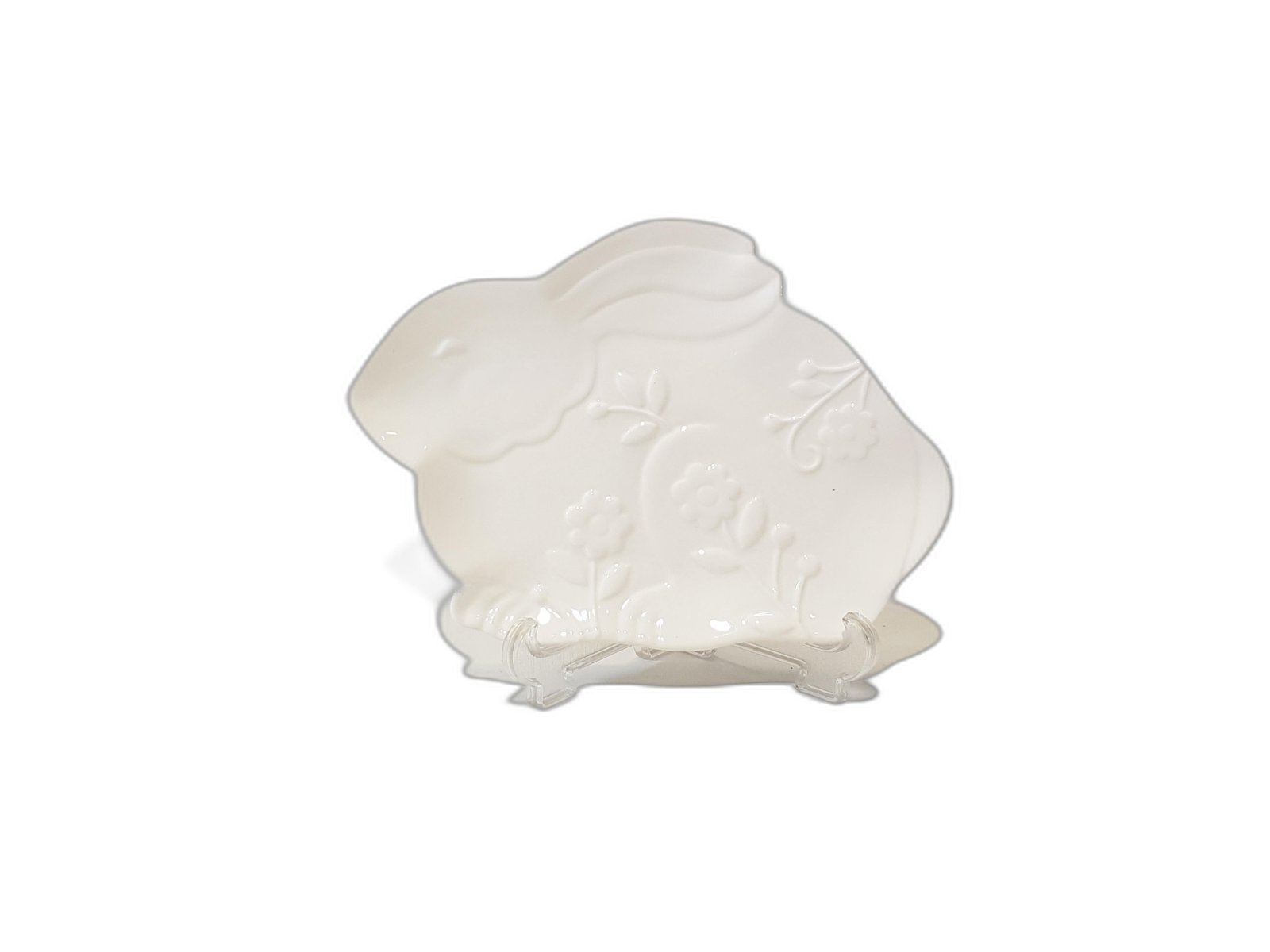 Bandeja Ceramica Blanca Forma Conejo Con Flores Relieve Pequeña