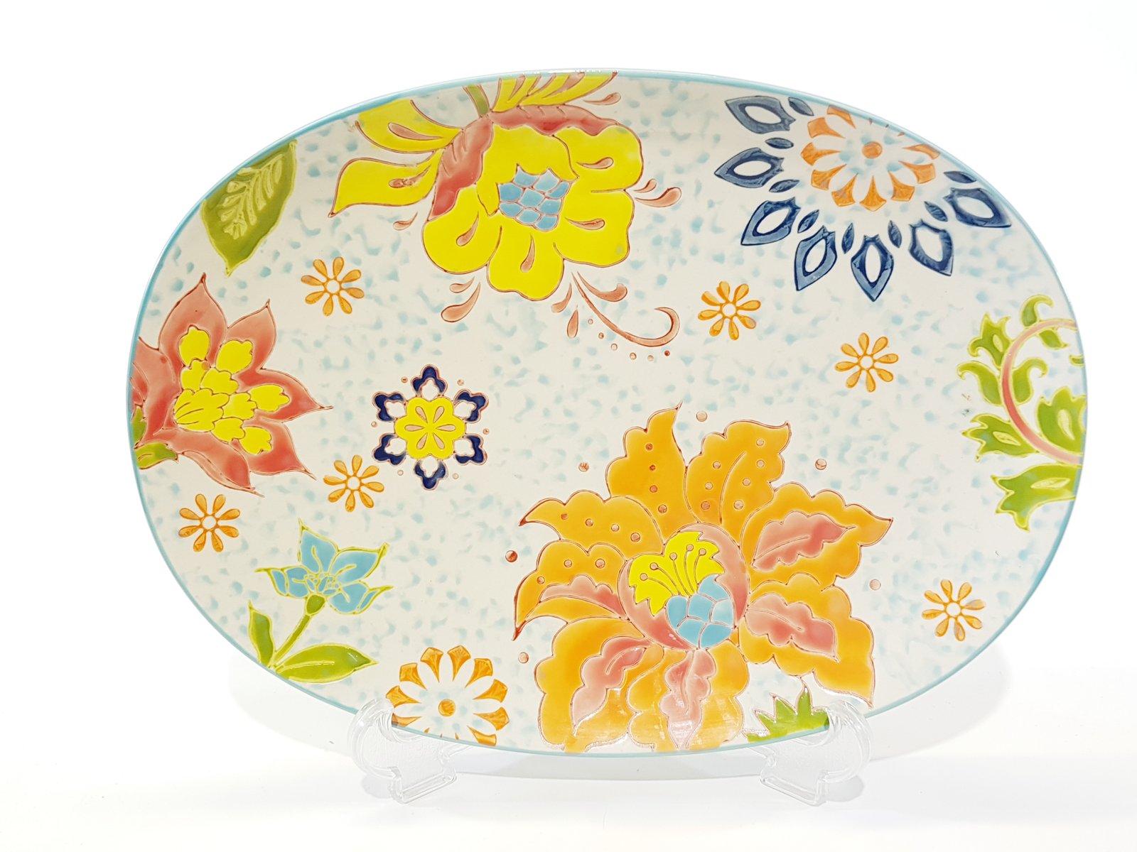 Bandeja Ceramica Ovalada Flores Colores Borde Azul