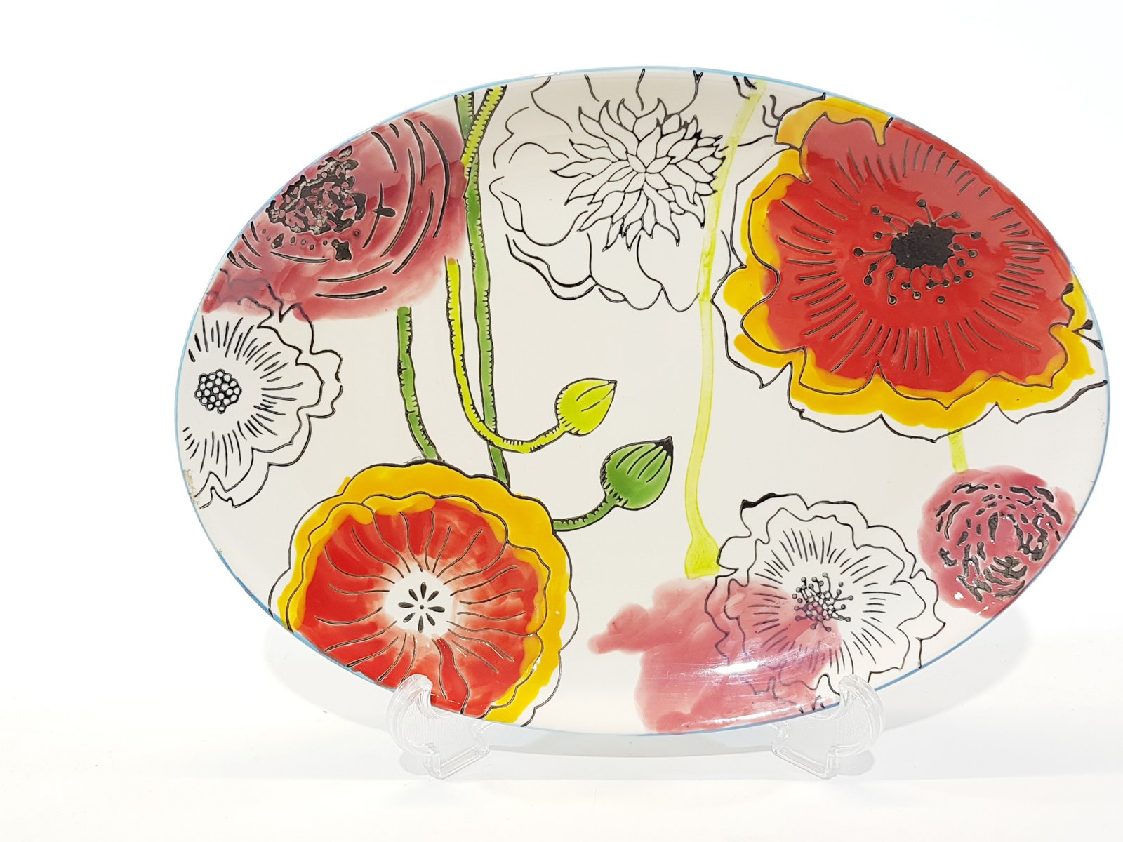 Bandeja Ceramica Ovalada Flores Rojas Grande