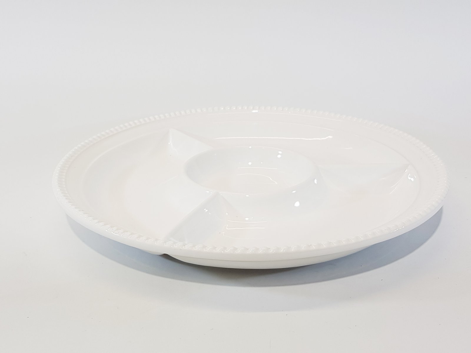 Bandeja Ceramica redonda Blanca Borde Puntos Tres Compartimientos