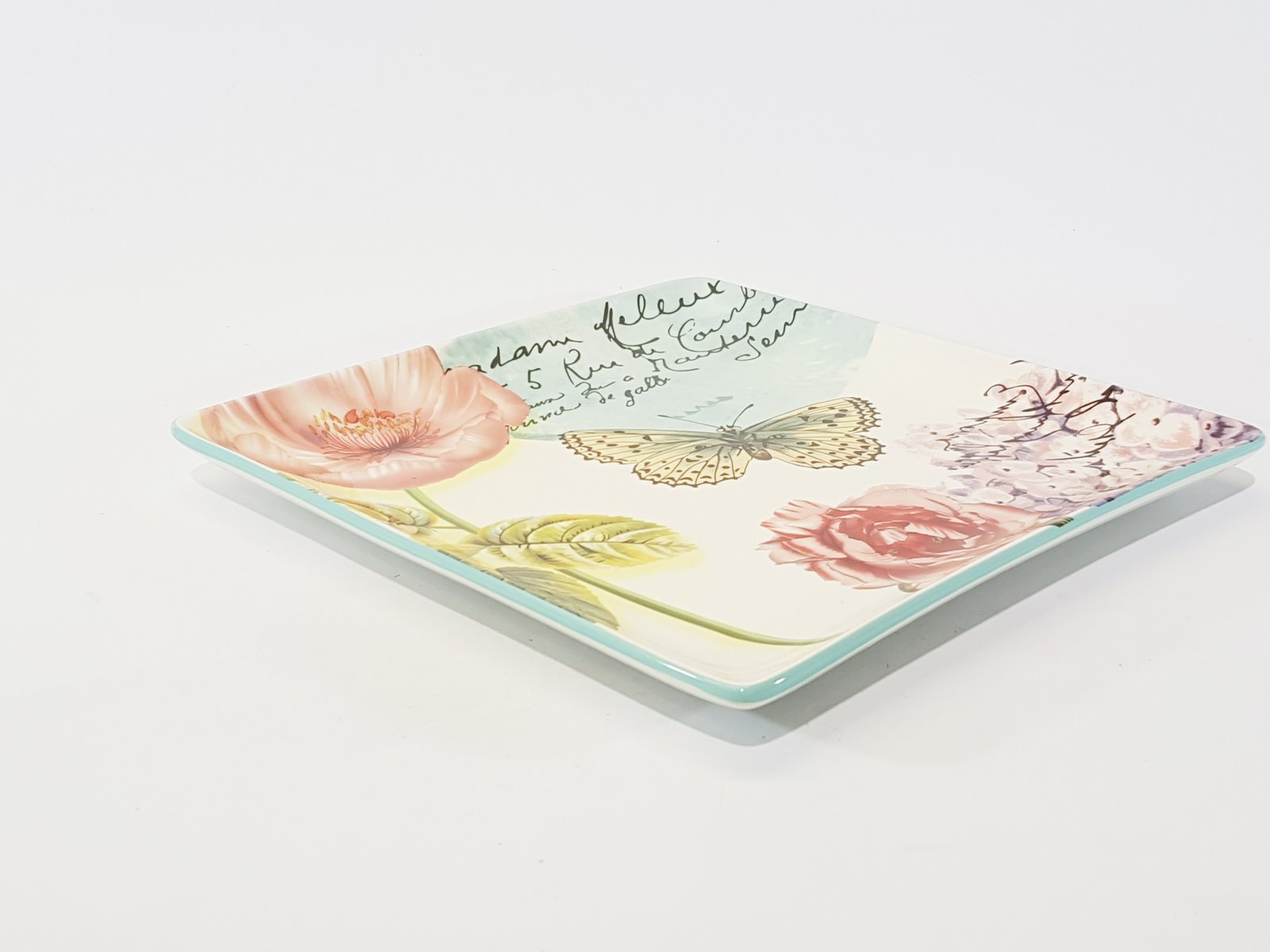 Bandeja Cuadrada Ceramica Mariposa y Flores Borde Azul