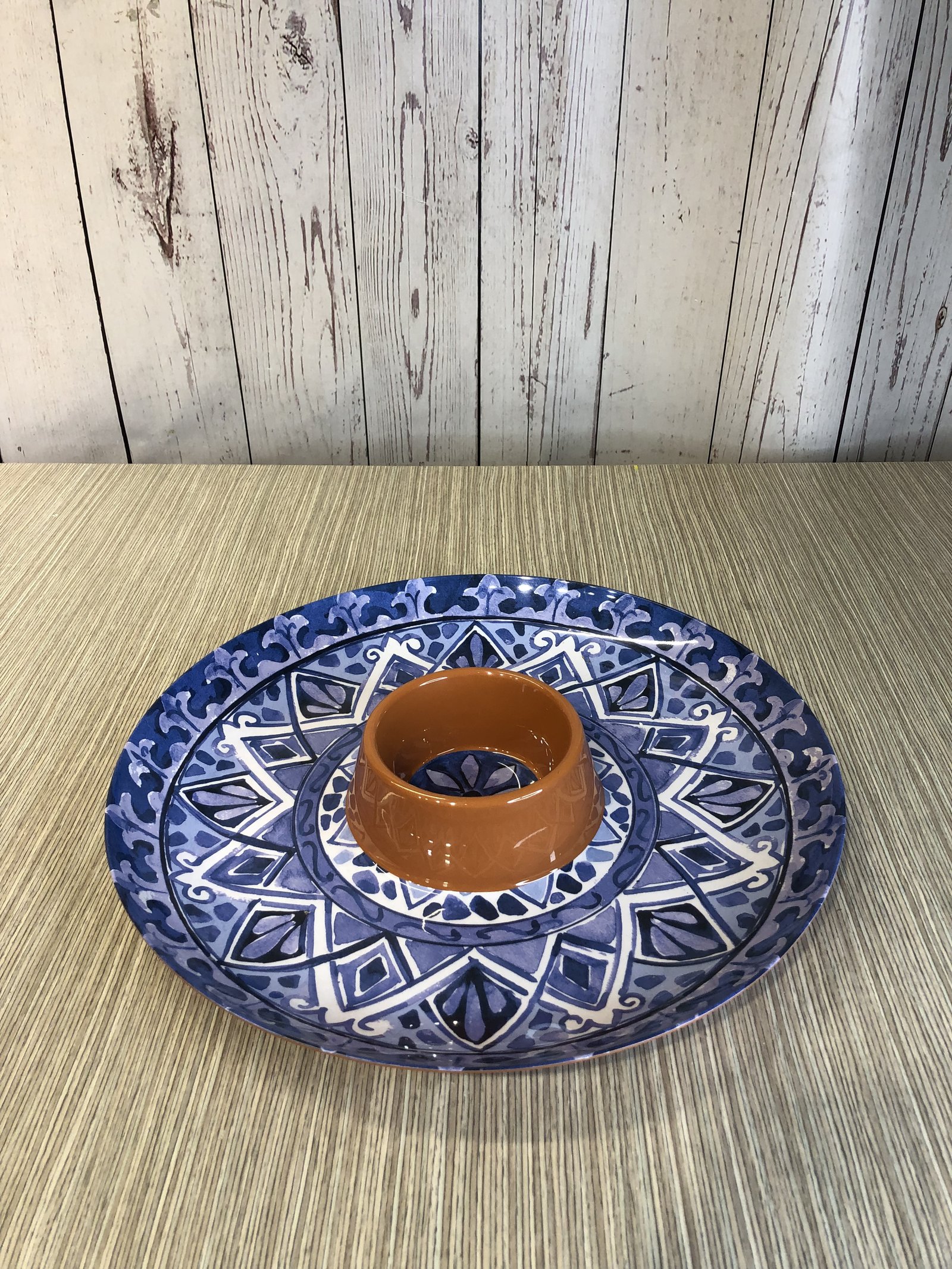 Bandeja maxi redonda arabescos azules con recipiente