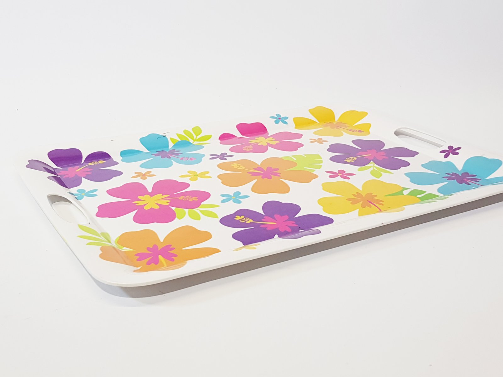 Bandeja Rectangular Acrilica Blanca Flores hibiscus de Colores Con Agarraderas