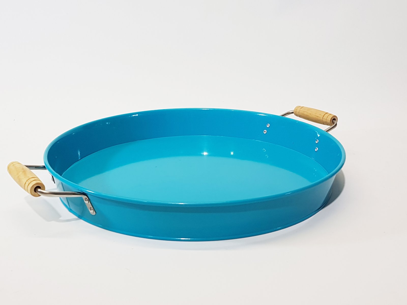 Bandeja Redonda Azul Agarradera Madera