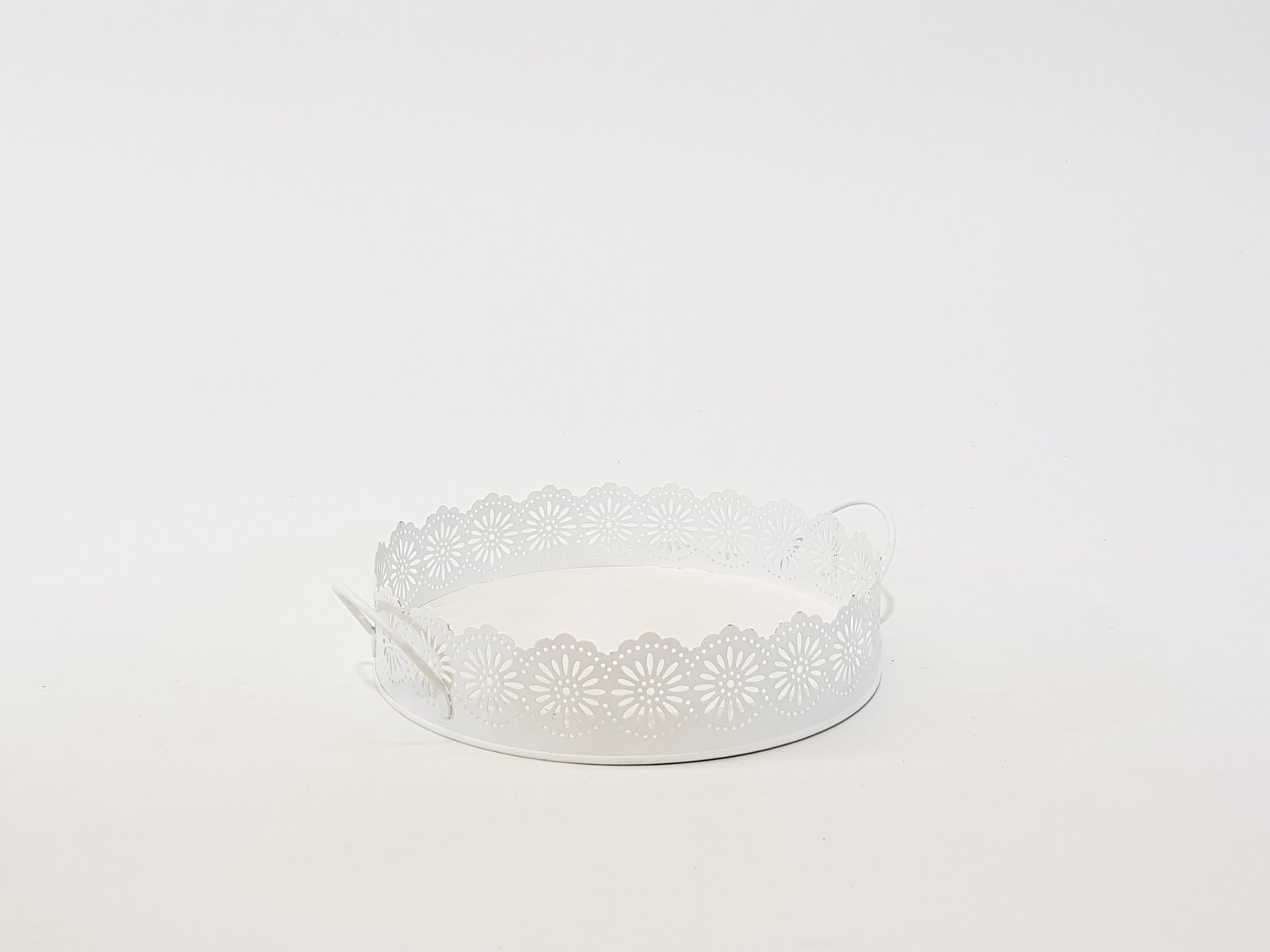 Bandeja Redonda Metálica Blanca Borde Encaje Con Agarraderas