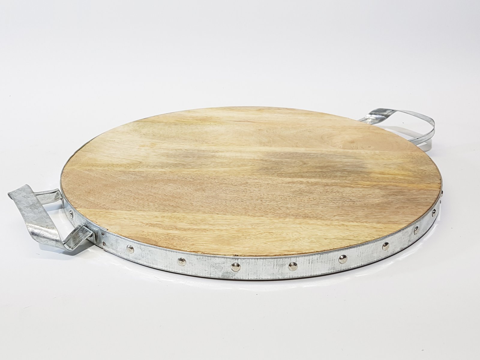 Bandeja Redonda Madera Borde Metalico y Taches