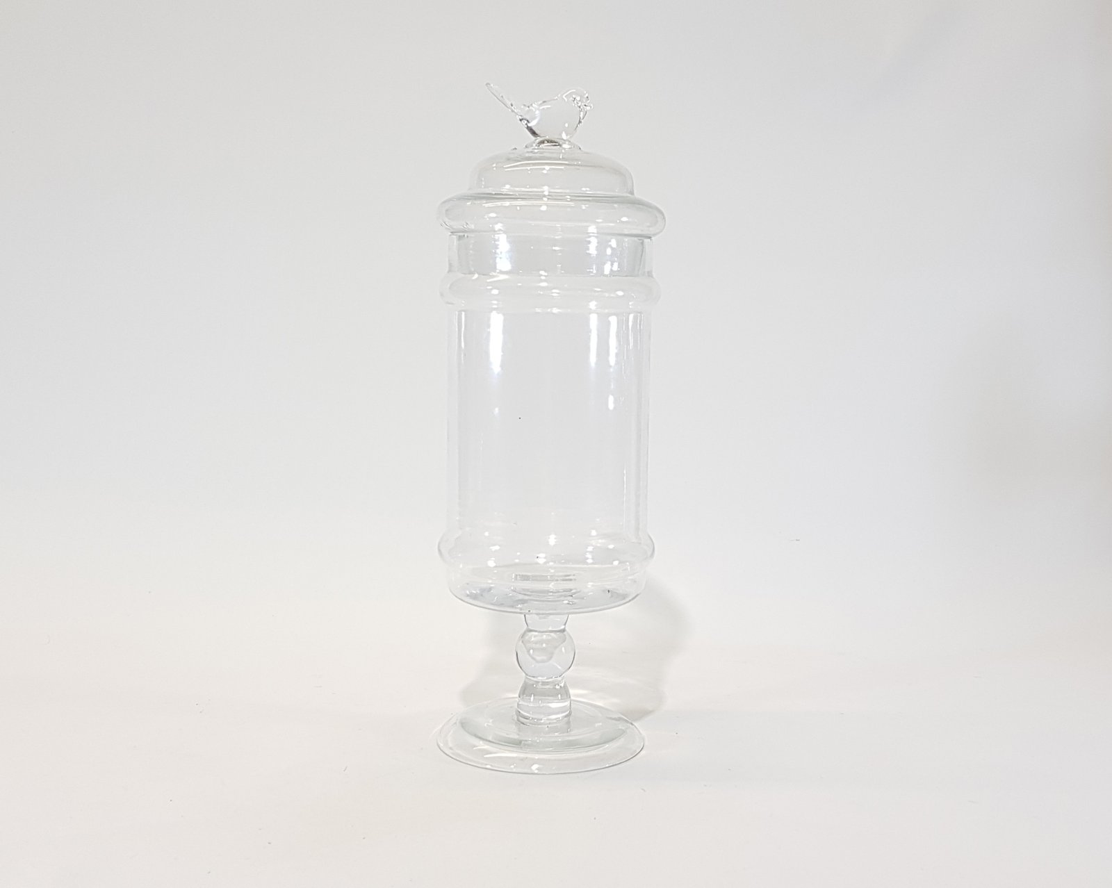 Bombonera Cristal Cilindro Con Pedestal Tapa Pajaro Alta