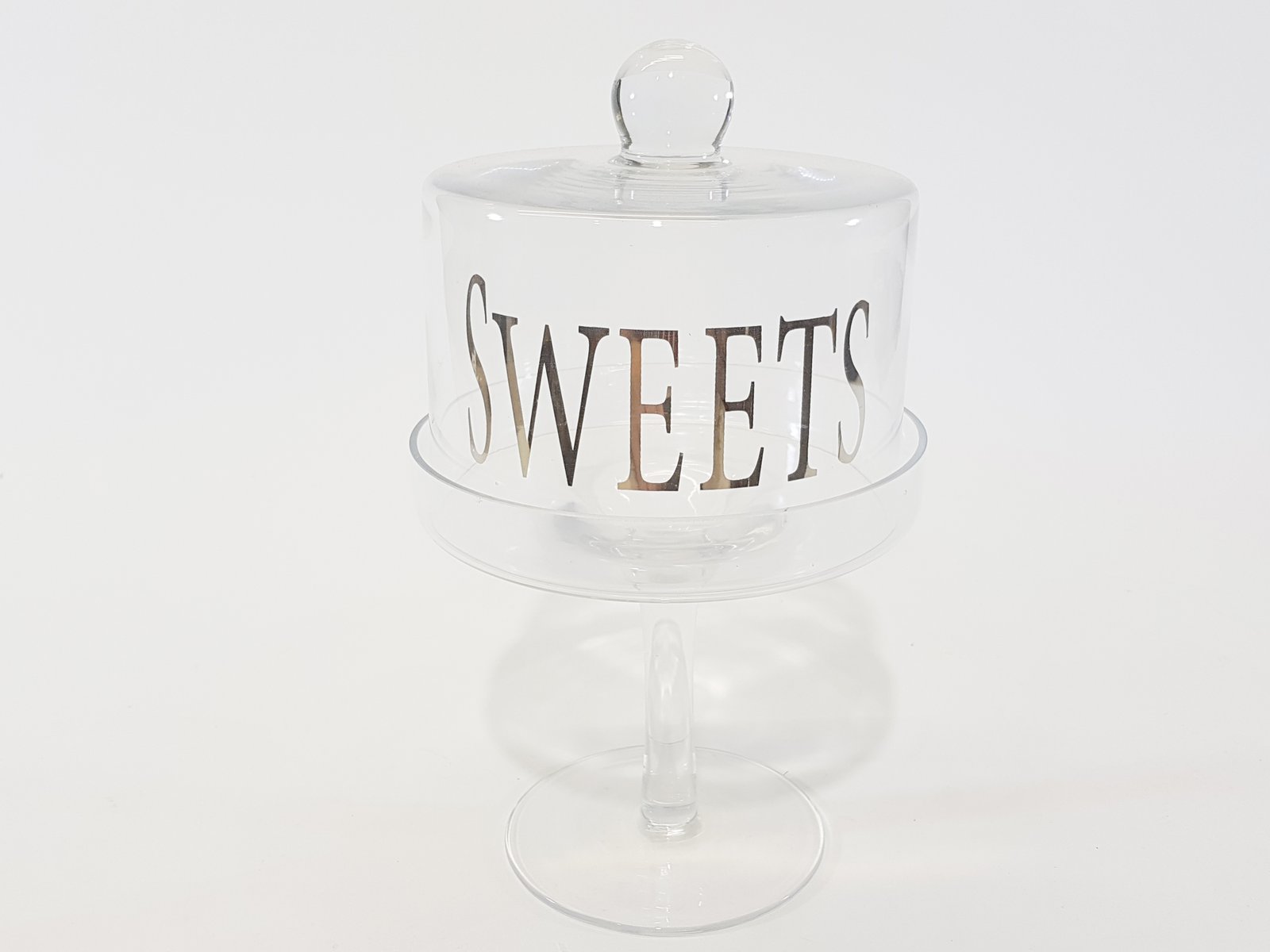 Bombonera Cristal Sweets Letras Plateadas Con Pedestal Alto