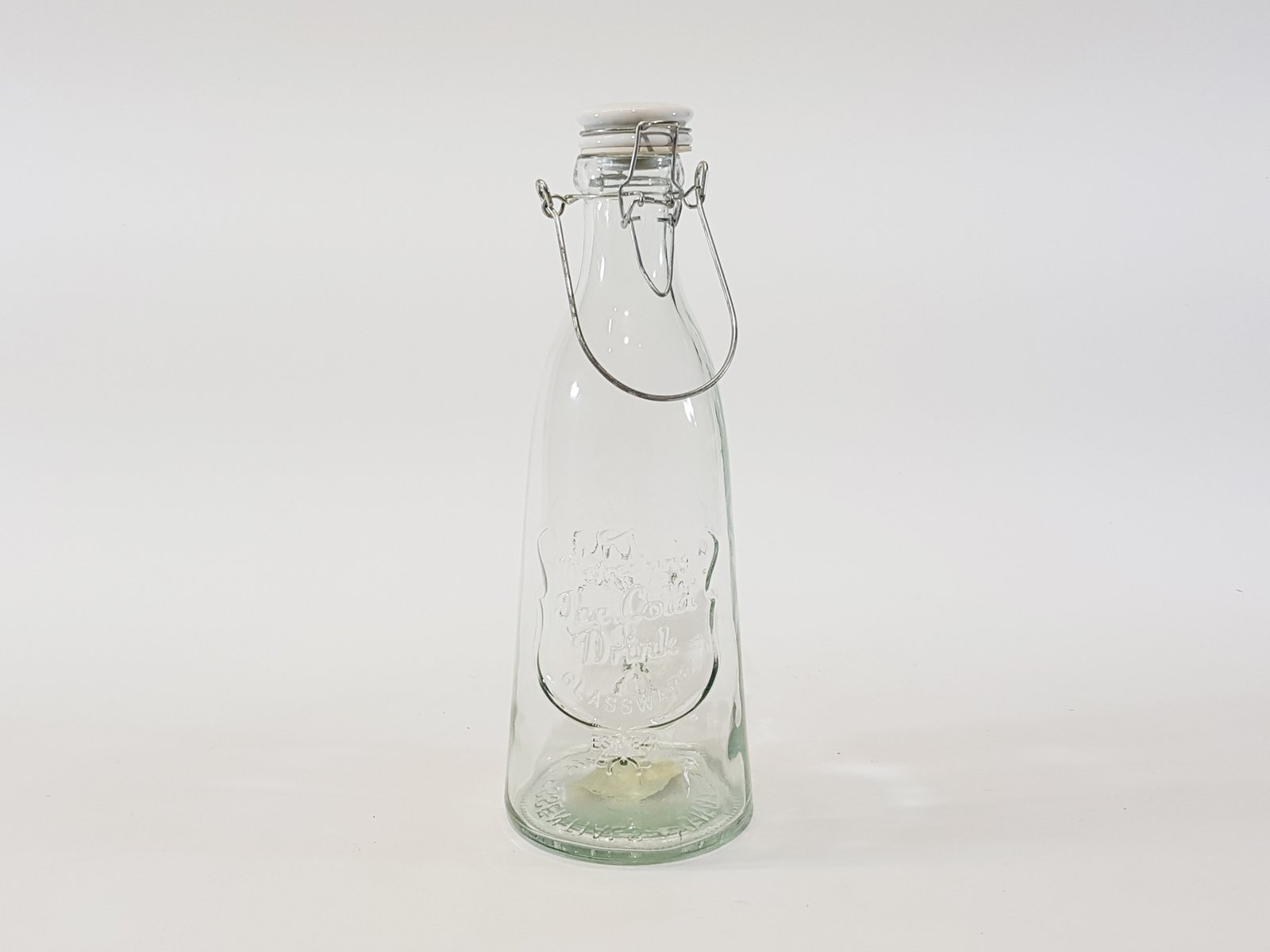 Botella Vidrio Vintage Tapa Blanca Agarradera Metal