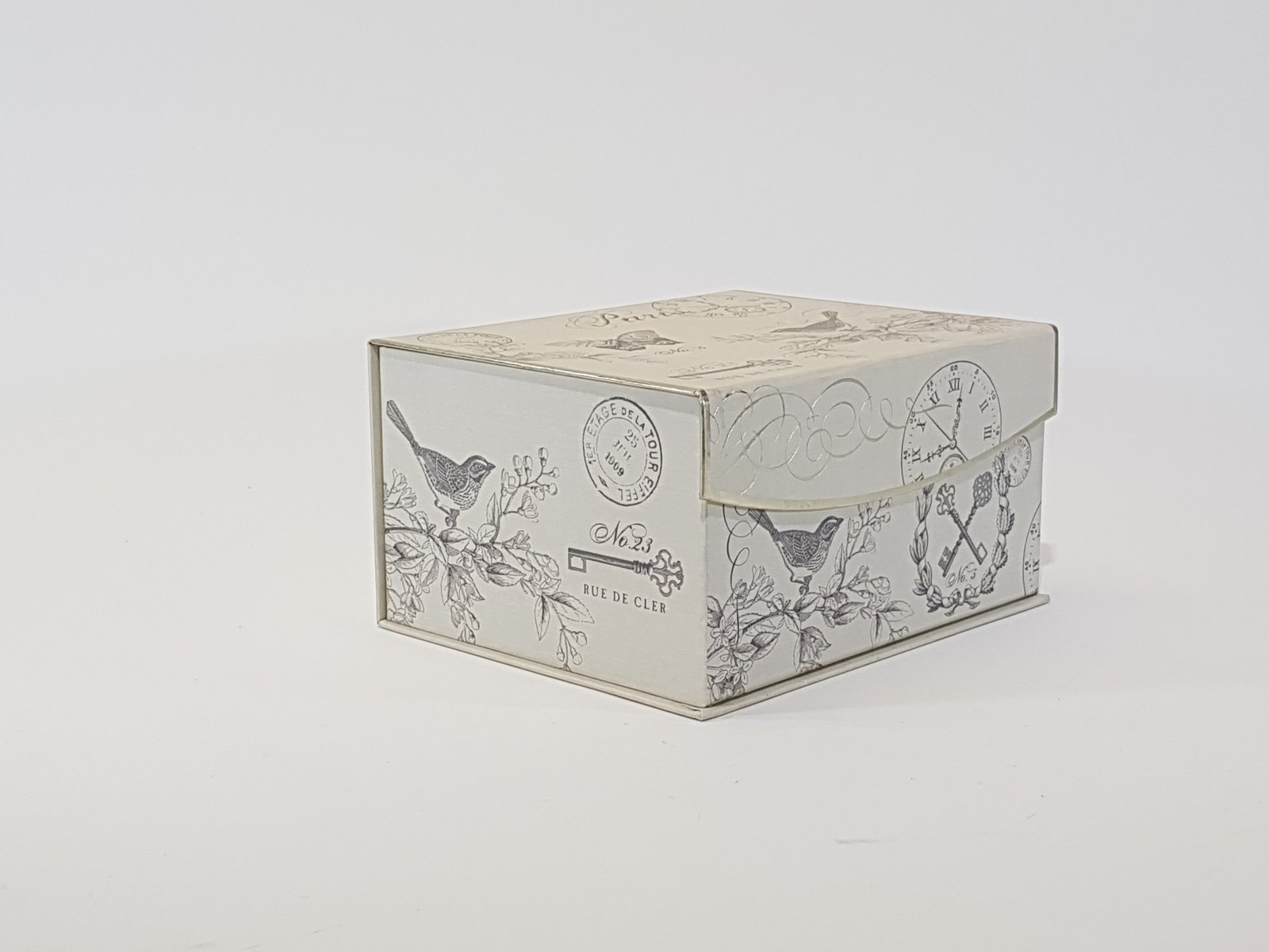 Caja Carton Gris Pajaros Con Reloj Pequeña