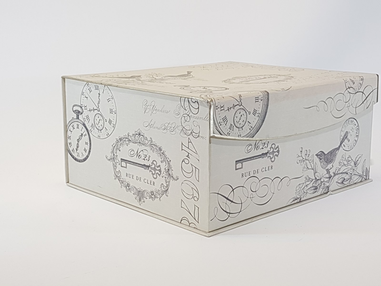 Caja Carton Gris Pajaros Con Reloj Mediana