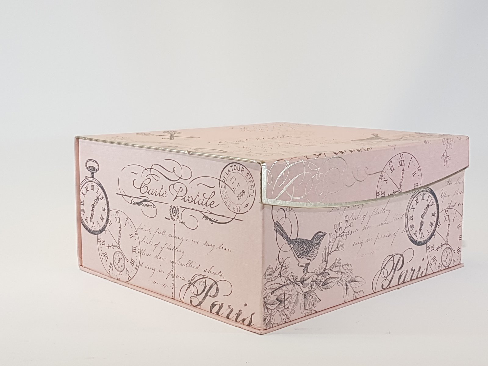 Caja Carton Rosada Pajaros Con Reloj Grande