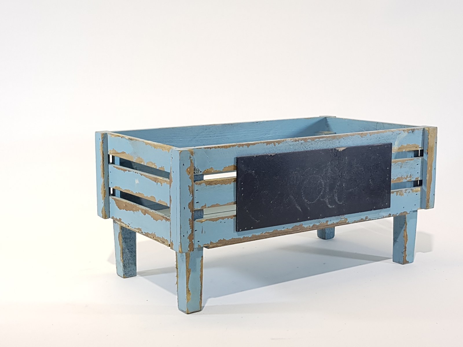 Caja Madera Tablillas Envejecida Azul Con Tablero Y Patas