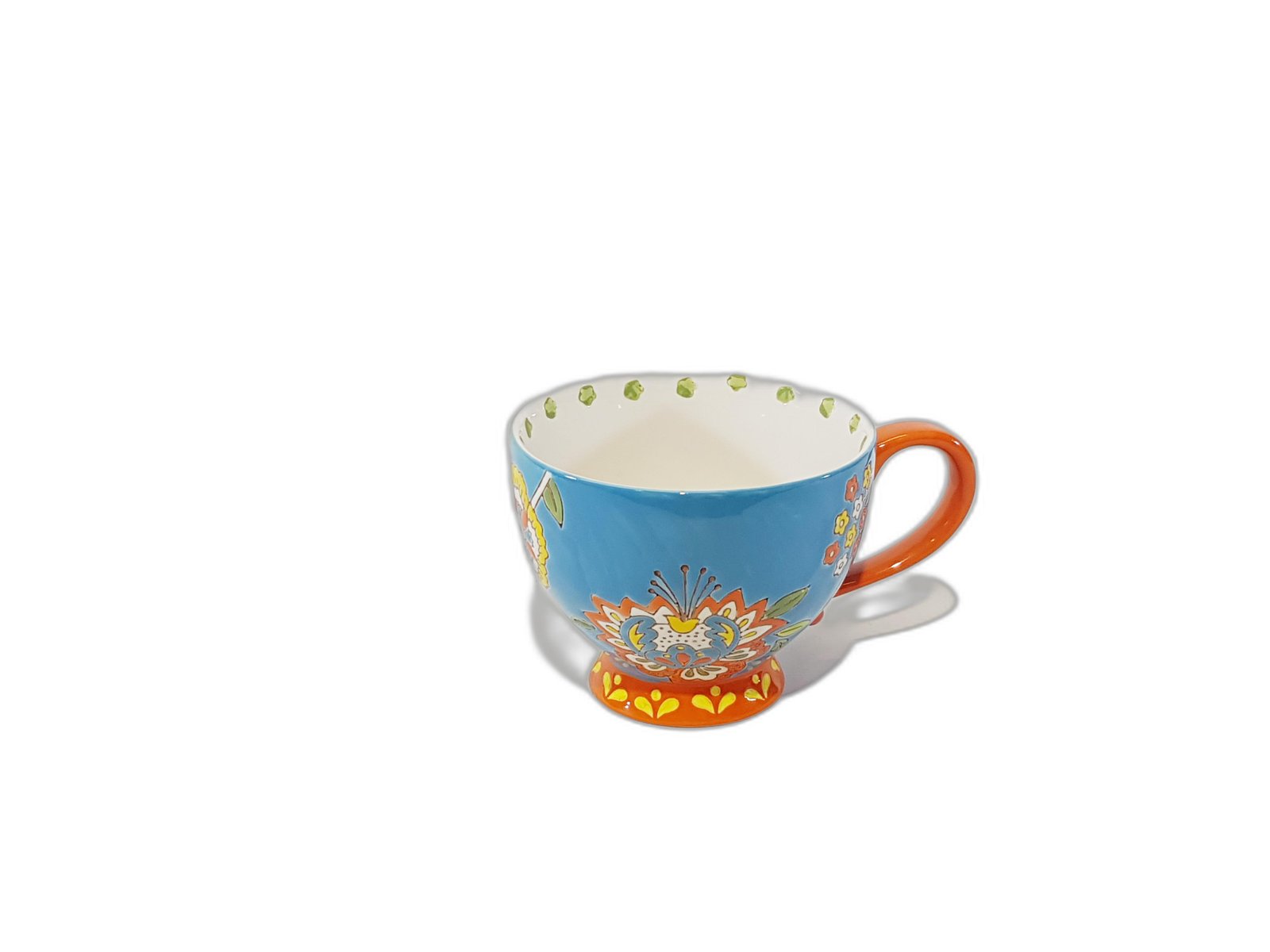 Taza Azul Flores Con Agarradera Naranja