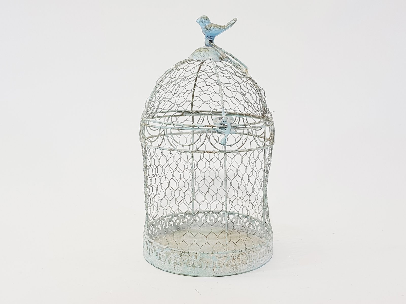 Pajarera Metálica Azul Enrejada Con Pajarito En La Punta