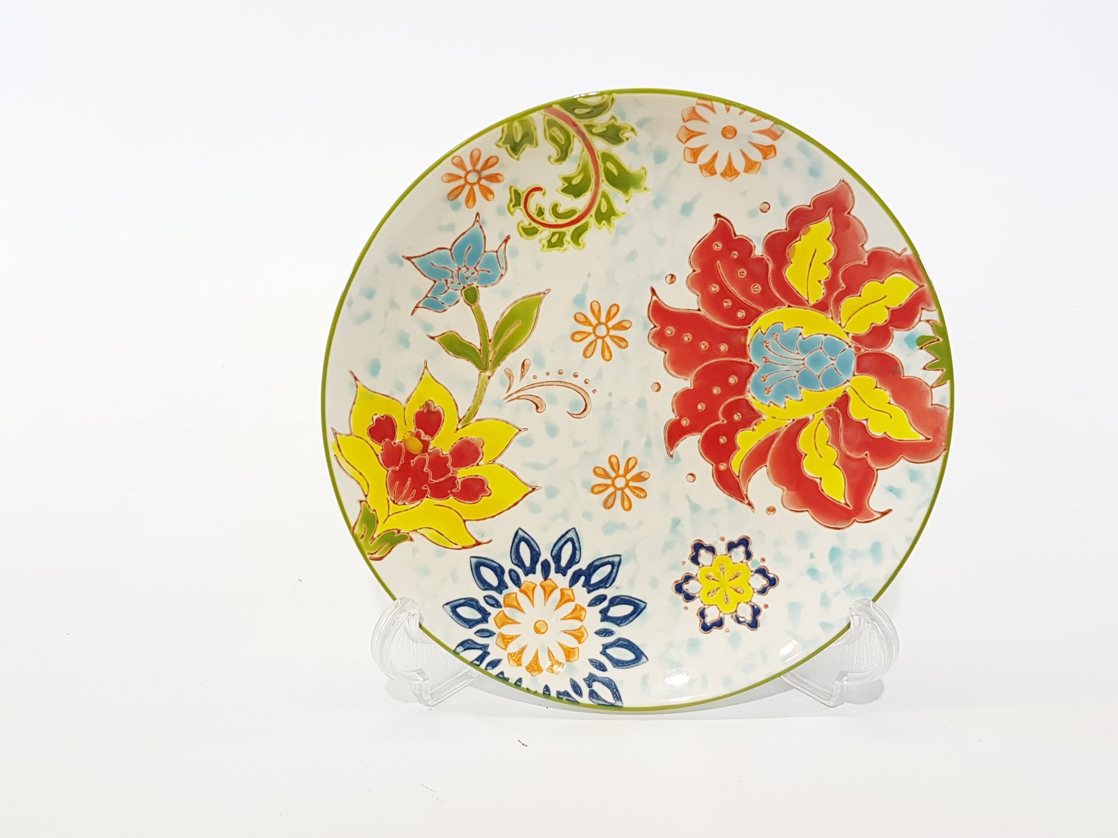 Plato Ceramica Pequeño Flores Colores Borde Verde