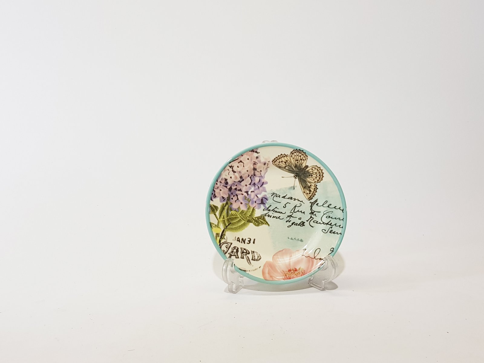 Plato Redondo Ceramica Pequeño Mariposa y Flores Borde Azul