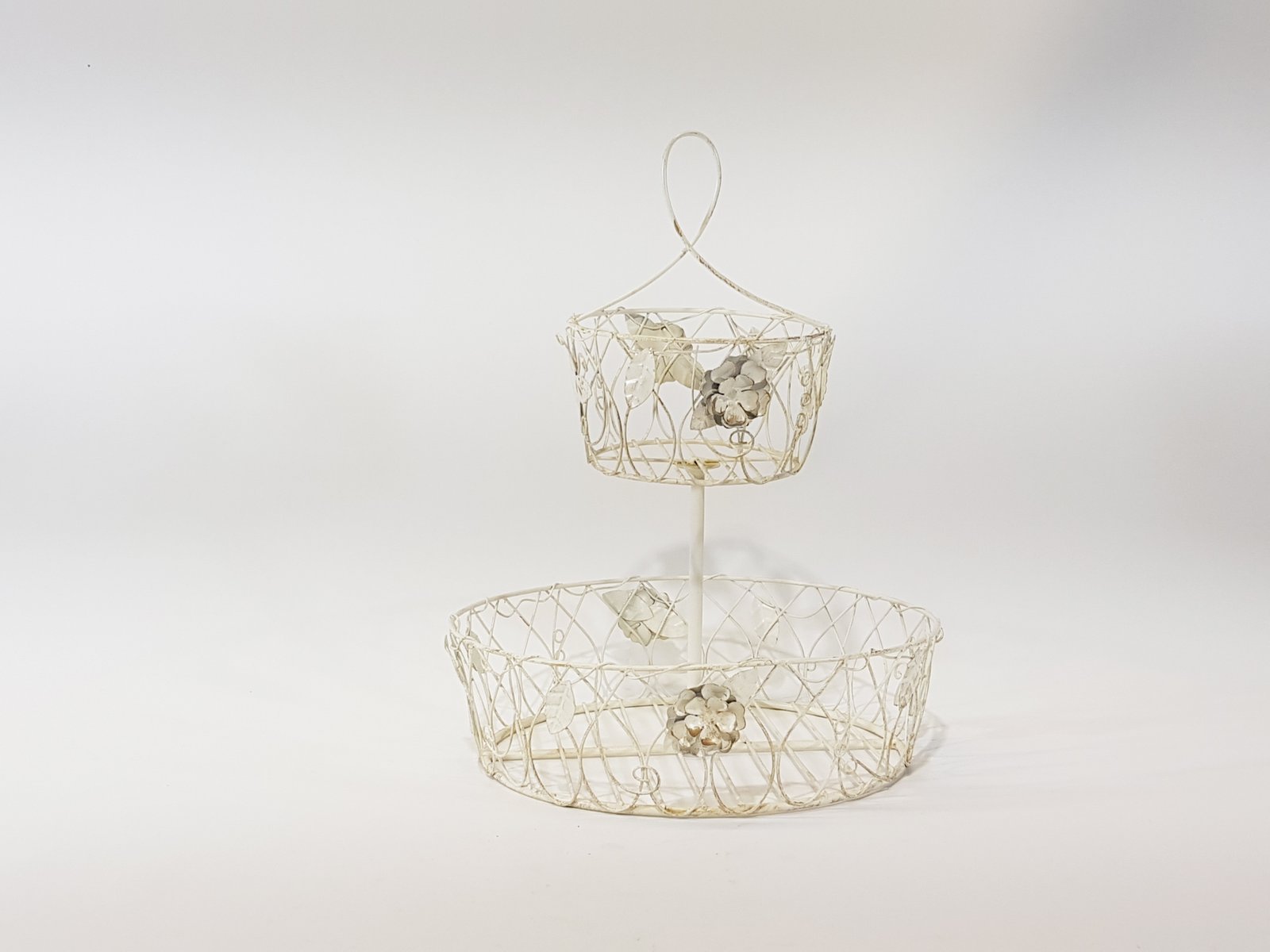 Porta Postres Dos Niveles Redondo Blanco Canastilla Con Florecitas