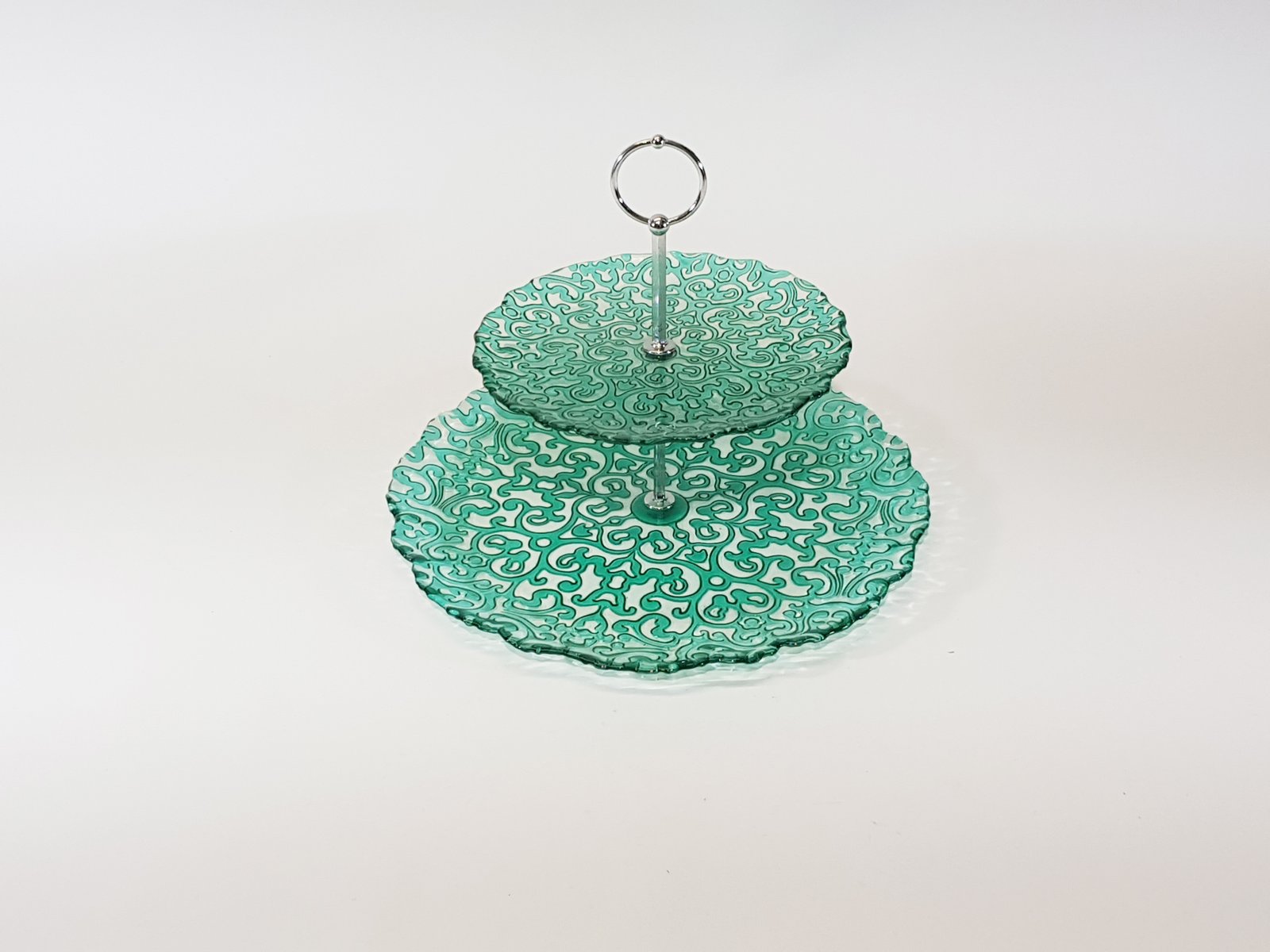 Porta Postres Cristal Arabescos Verdes Dos Niveles