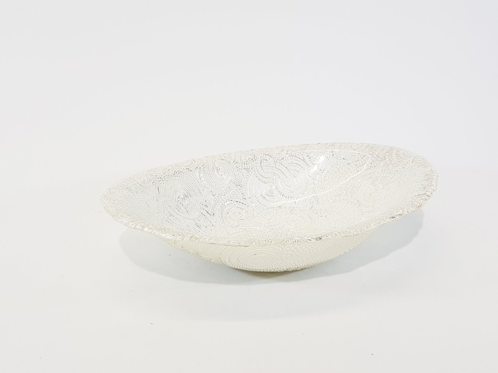 Frutero Cristal Ovalado Blanco Con Destellos Plateados Grande