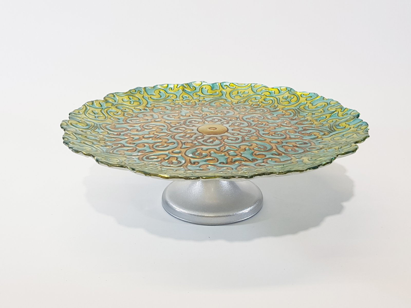 Tortera Redonda Cristal Arabescos Verde Con Naranja 31 cm