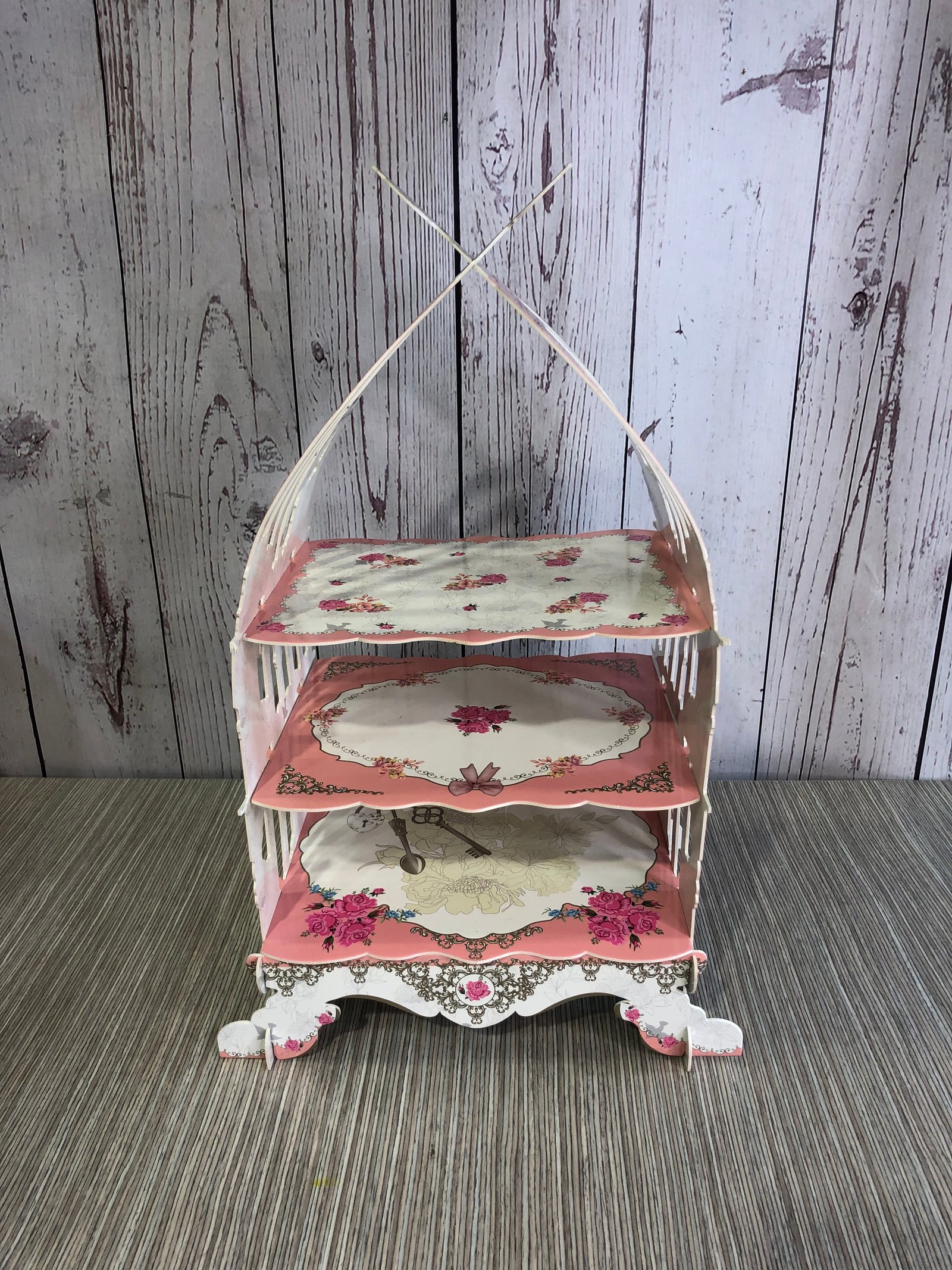 Porta Postres Carton Rosas y Moño Rosa 3 Niveles